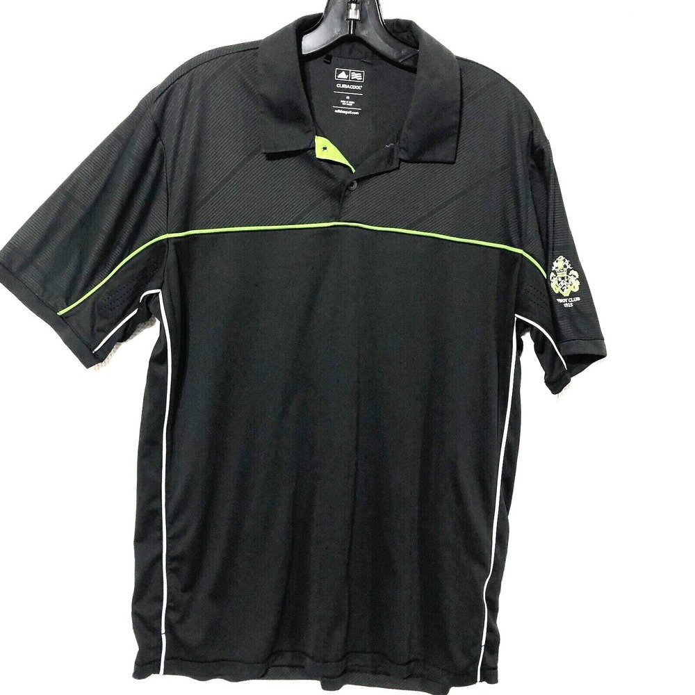Adidas Golf Polo Shirt Mens Medium Black Green Florescent Striped Climalite‎